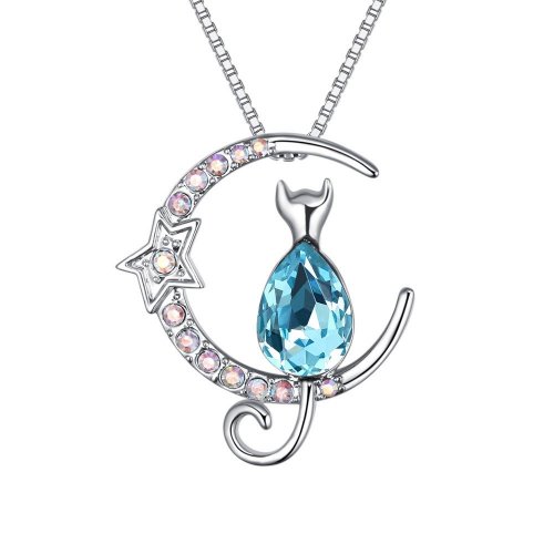 Colier argint Pisica Si Luna, albastru, elemente Swarovski Colier argint Pisica Si Luna, albastru, elemente Swarovski