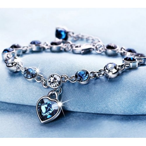 Bratara argint inima de cristal, albastru,  Elemente Swarovski 