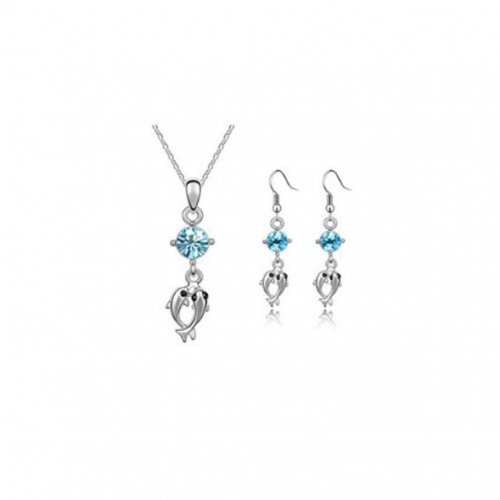 Set argint Delfin Dublu, Albastru Deschis, Elemente Swarovski