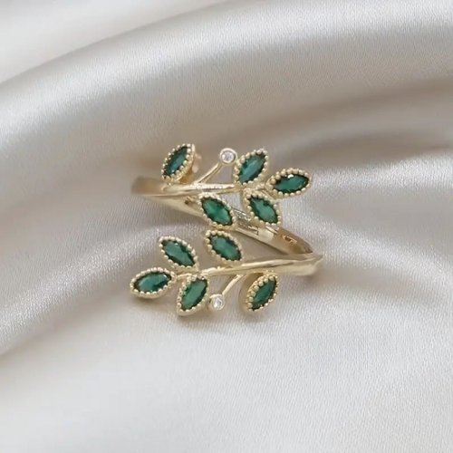 Inel argint femei placat cu aur 18k Emerald Leaf Gold Inel argint femei placat cu aur 18k Emerald Leaf Gold
