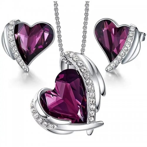 Set argint lant pandantiv cercei cu elemente SWi Big Heart Royal Fucsia Set argint lant pandantiv cercei cu elemente SWi Big Heart Royal Fucsia