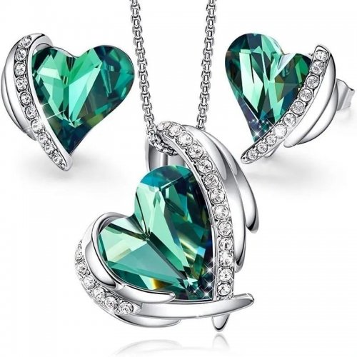 Set argint lant pandantiv cercei cu elemente SWi Big Heart Royal Green Set argint lant pandantiv cercei cu elemente SWi Big Heart Royal Green