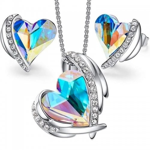 Set argint lant pandantiv cercei cu elemente SWi Big Heart Royal Rainbow Set argint lant pandantiv cercei cu elemente SWi Big Heart Royal Rainbow