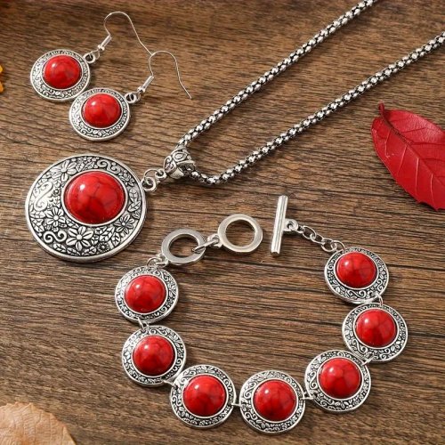 Set fashion coral rosu lant cercei si bratara Bohemian Traditional